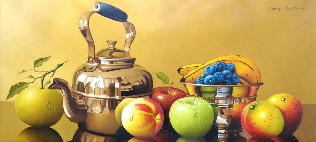 Original Still Life Oil Painting on Canvas depicting fruits, a tea pot and bowl.