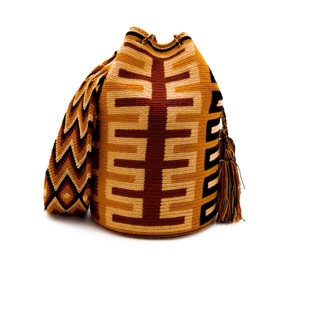Front view of a pretty Wayuu Mochila bag with an awesome pattern in earthy colors such as Amber, Tan, Carmine, and Black