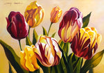 Original Oil Painting on Canvas depicting yellow, pink and red tulips on a yellow background.