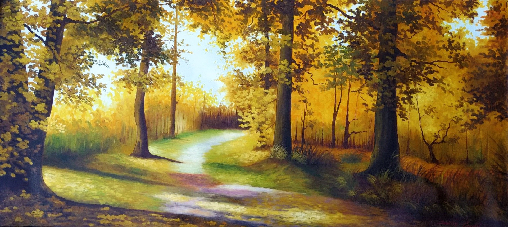 Original Oil Painting on Canvas depicting an autumnal road.