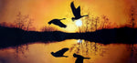Original Oil Painting on Canvas depicting a colorful sunset with ducks flying over a lake.