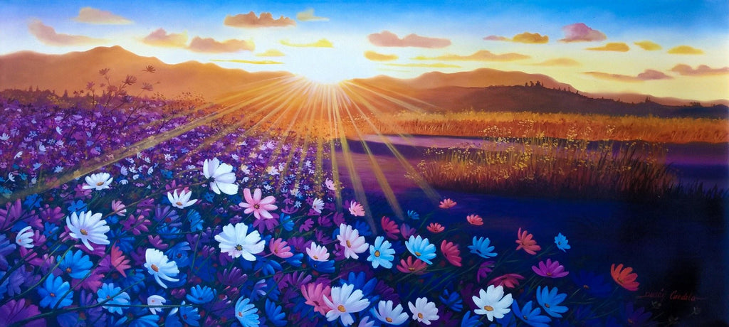 Original Oil Painting on Canvas depicting the softness of a sunrise over the mountains and flowers blossom.