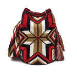 Front view of a beautiful Wayuu Mochila Bag with a vibrant pattern in colors Ivory, Bright-Red, Light-Brown, Dark-Brown, and Black.