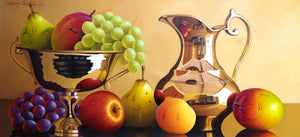 Original Still Life Oil Painting on Canvas depicting fruits, a bronze jug and bowl.