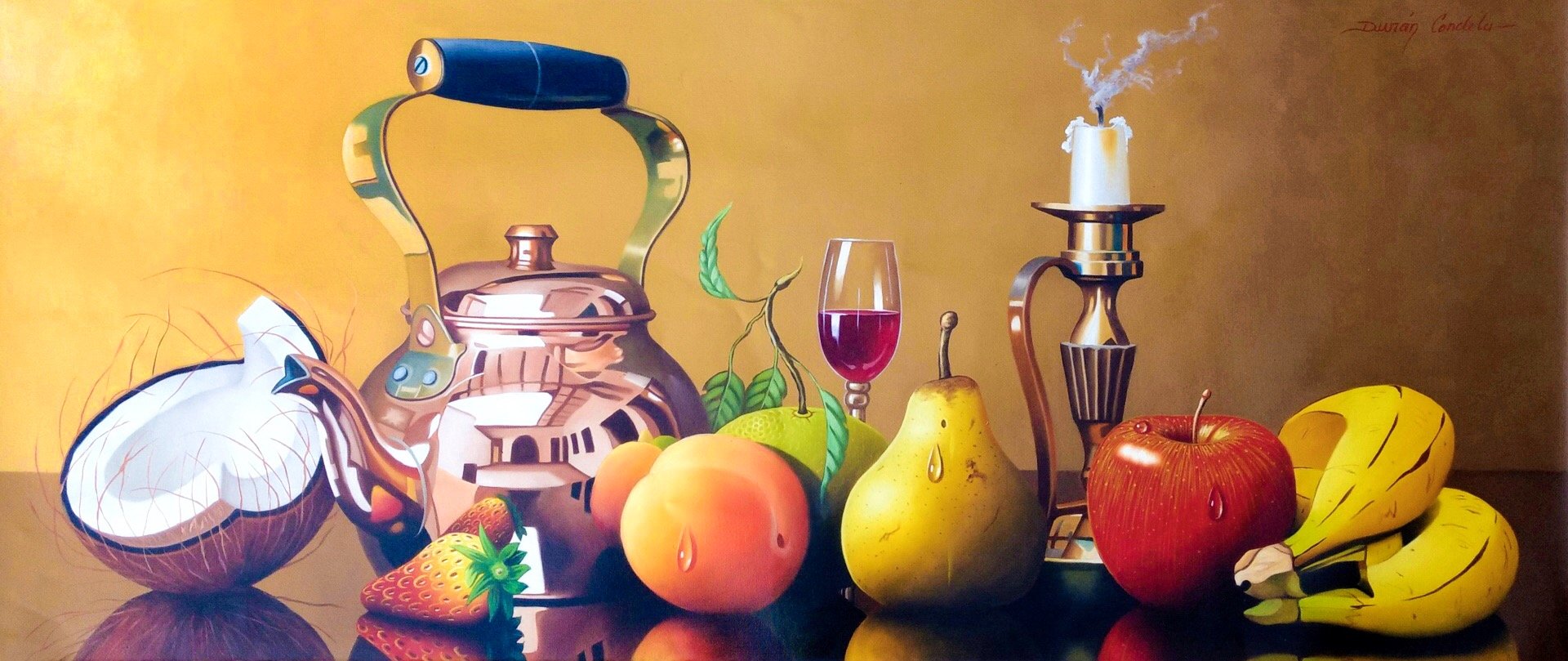 Original Still Life Oil Painting on Canvas depicting fruits, a bronze teapot, wine glass, and a candle.