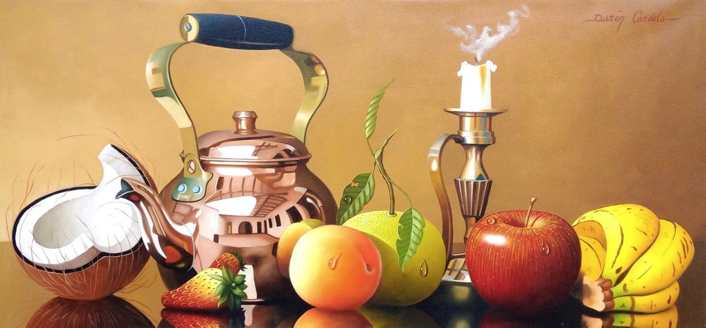 Fruits, Bronze Teapot, and Candle- Still Life - Original Oil Painting on Canvas