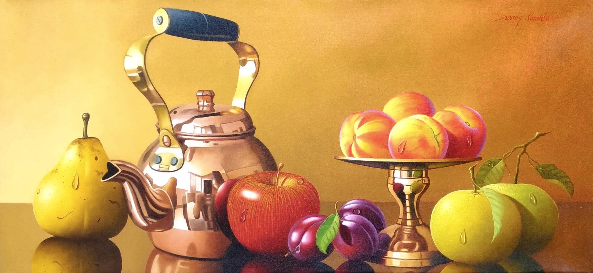 Original Still Life Oil Painting on Canvas depicting fruits, a bronze jug and decorative bowl.