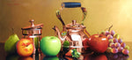 Original Still Life Oil Painting on Canvas depicting fruits, a bronze teapot and sugar bowl.
