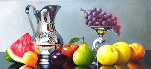 Original Still Life Oil Painting on Canvas depicting fruits, a silver jug and bowl.
