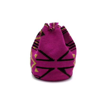 Back view of one-Thread Wayuu Mochila Bag with a beautiful pattern in colors: Red-Violet, Light-Brown, and Brown.