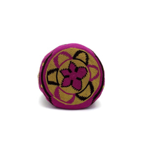 Bottom view of one-Thread Wayuu Mochila Bag with a beautiful pattern in colors: Red-Violet, Light-Brown, and Brown.
