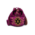 Front view of one-Thread Wayuu Mochila Bag with a beautiful pattern in colors: Red-Violet, Light-Brown, and Brown.