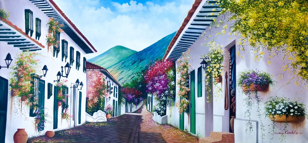 Original Oil Painting on Canvas depicting a colorful colonial street of Villa de Leyva, Colombia