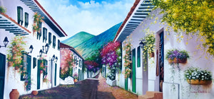 Original Oil Painting on Canvas depicting a colorful colonial street of Villa de Leyva, Colombia