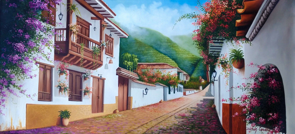 Original Oil Painting on Canvas depicting a cobblestone street of a little Colombian town.