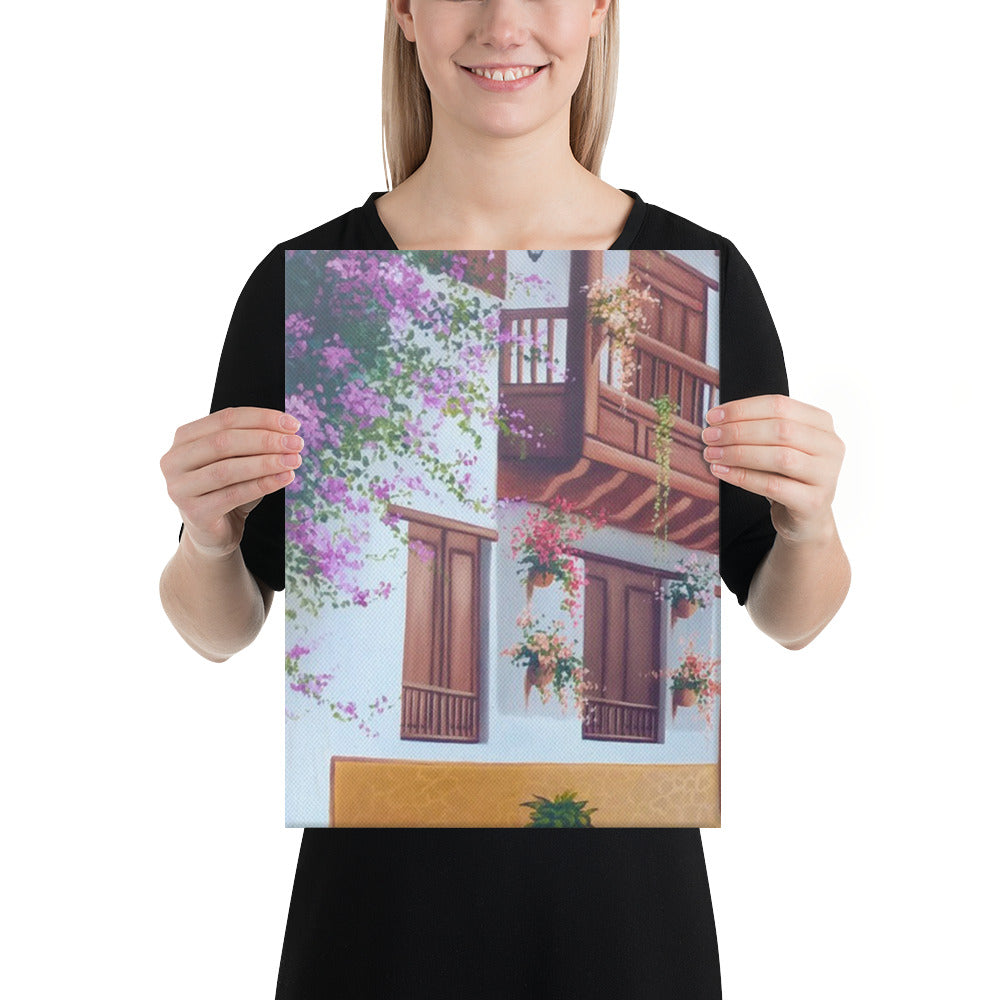 Street and House with Balcony Canvas Print - Left Side