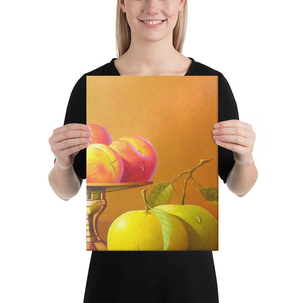 Bronze Teapot and Peaches Canvas Print - Right Side
