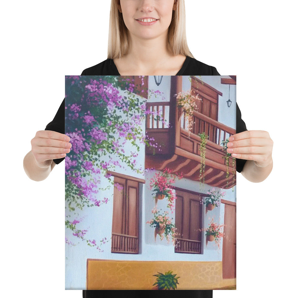 Street and House with Balcony Canvas Print - Left Side