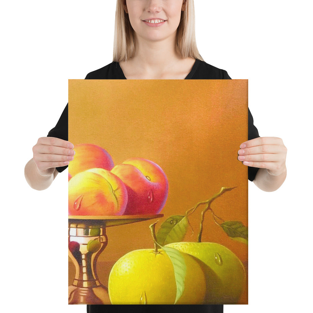 Bronze Teapot and Peaches Canvas Print - Right Side